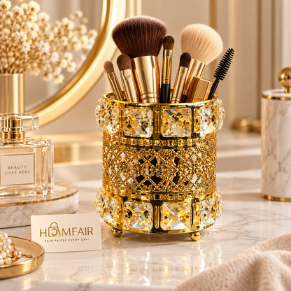 Luxury Golden Crystal Brush Holder with Ornate Decorative Design