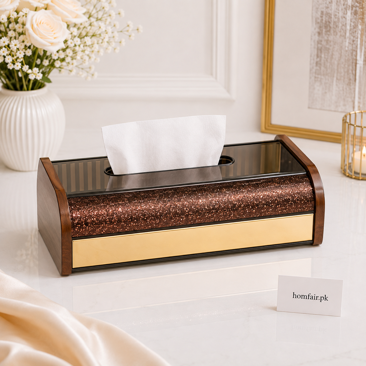 Luxury Wooden Rose Gold Glitter Crystal Tissue Box Holder