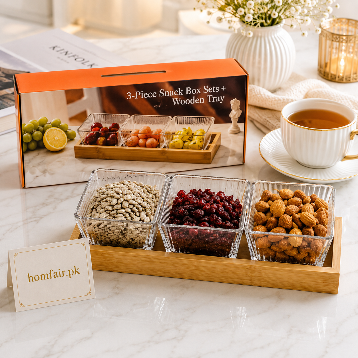 3 Bowl Glass Snack Serving Set with Bamboo Tray