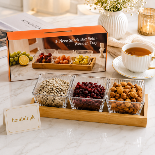 3 Bowl Glass Snack Serving Set with Bamboo Tray