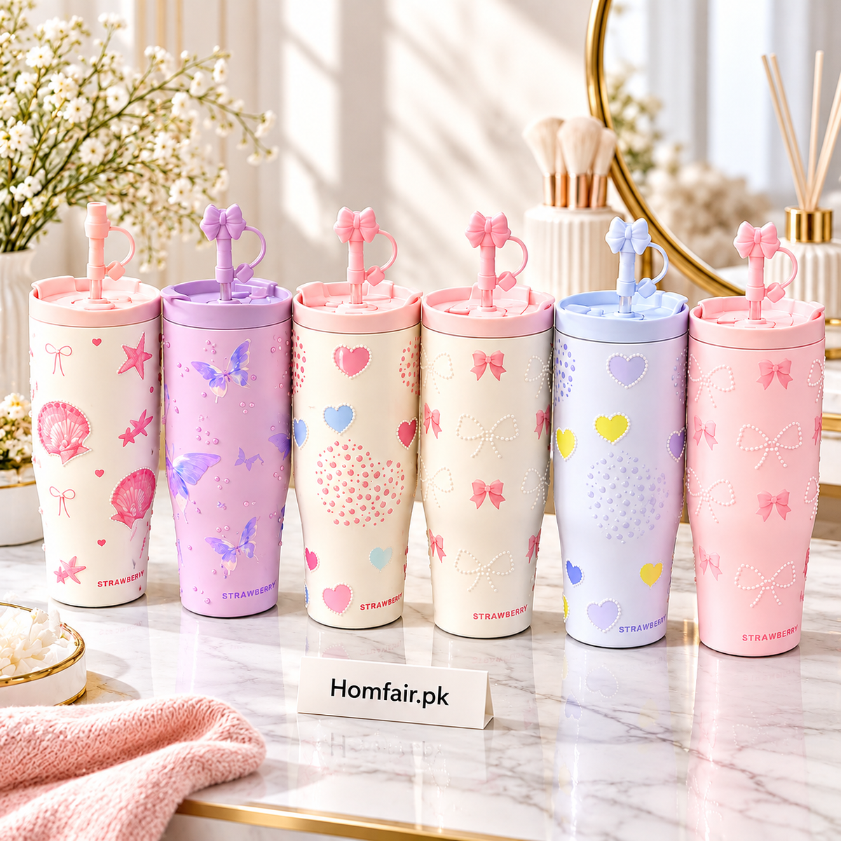Sitarayuri Pink Bow & Pearl Design Tumbler with Decorative Straw Lid