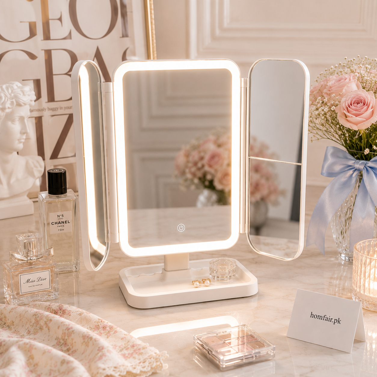 Foldable Dressing LED Makeup Mirror 3-Panel Vanity Mirror