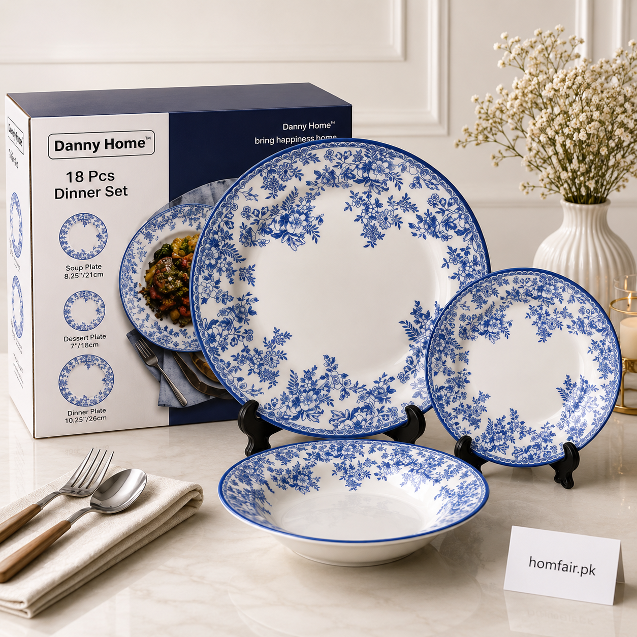 Danny Home 18 Pcs Blue Blossom Dinner Set
