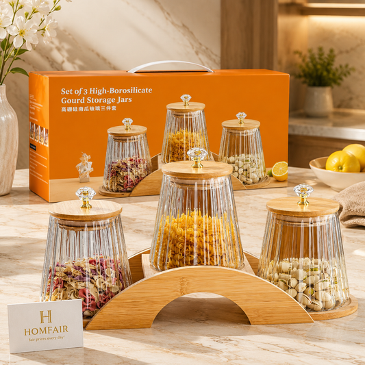 Premium High Borosilicate Glass Storage Jar Set with Bamboo Lids (3 Pcs Jars)