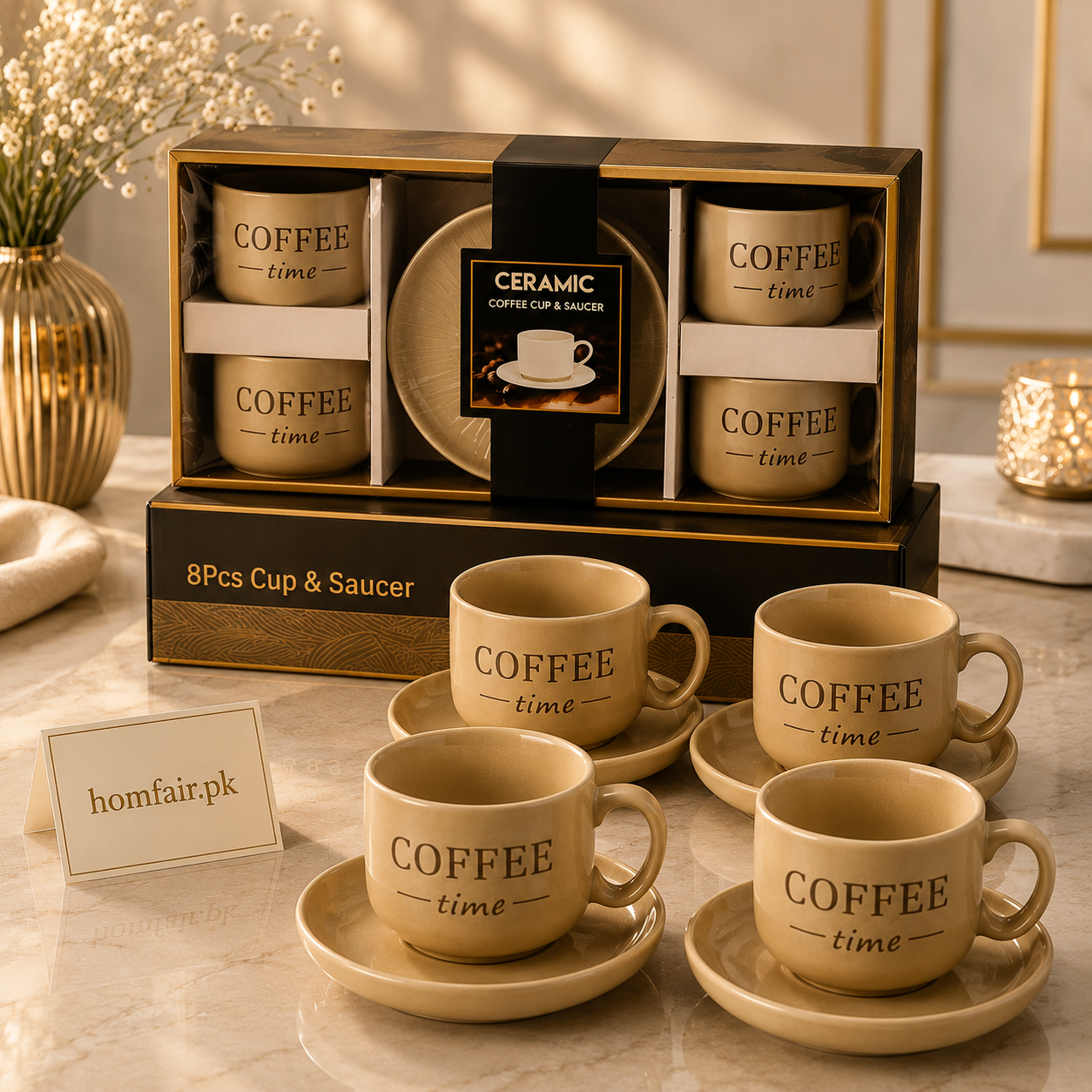 Ceramic Coffee Cup & Saucer Set – 8 Pcs | Coffee Time