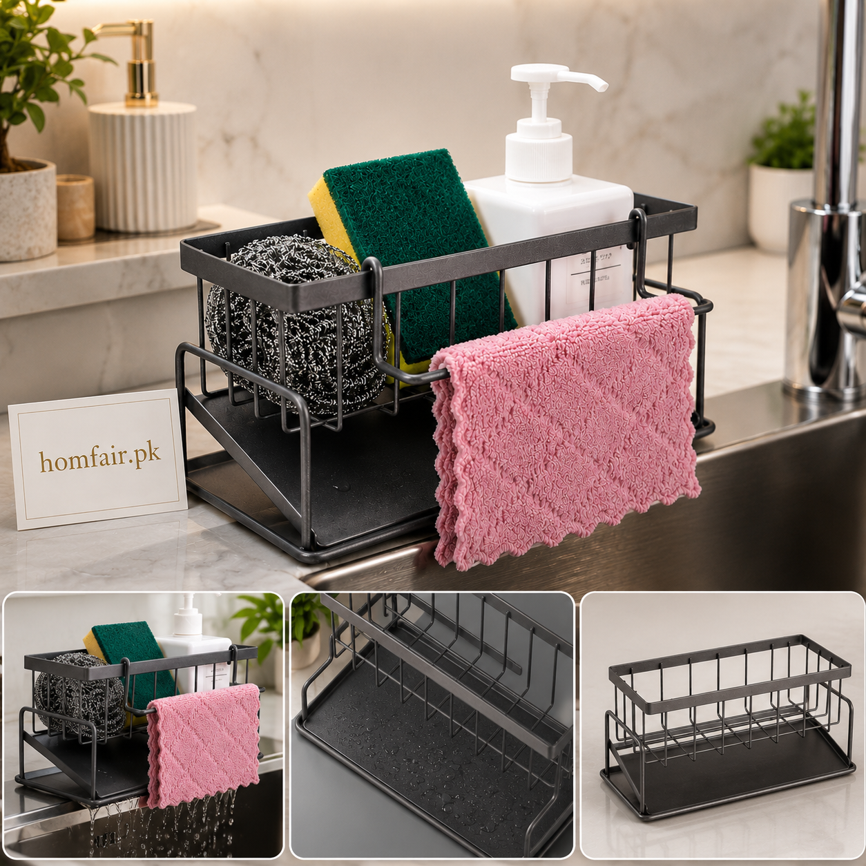 Kitchen Sink Organizer Rack with Drain Tray & Towel Holder