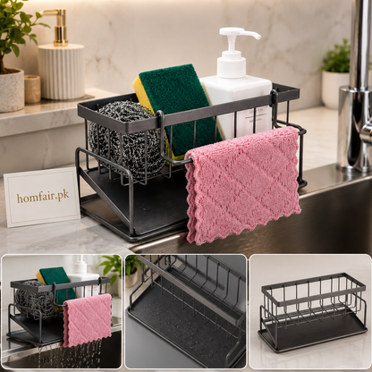 Kitchen Sink Organizer Rack with Drain Tray & Towel Holder