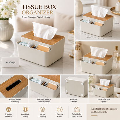 Premium Tissue Box Organizer with Bamboo Lid & Storage Compartment