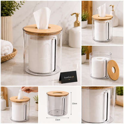 Premium Transparent Tissue Holder with Bamboo Lid & Side Tissue Slot