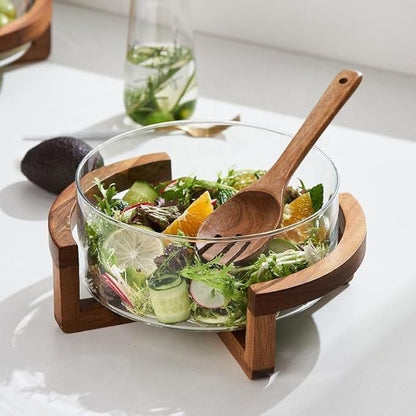 Premium Glass Fruit Bowl with Bamboo Wooden Stand | Modern Serving & Storage Bowl