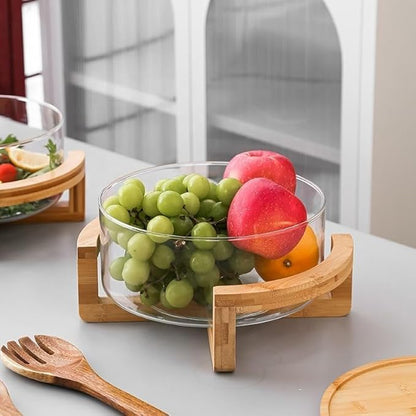 Premium Glass Fruit Bowl with Bamboo Wooden Stand | Modern Serving & Storage Bowl