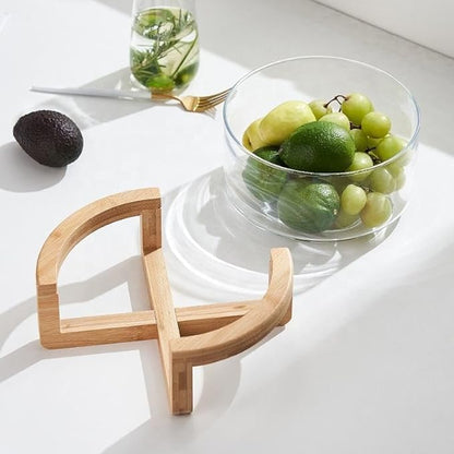 Premium Glass Fruit Bowl with Bamboo Wooden Stand | Modern Serving & Storage Bowl