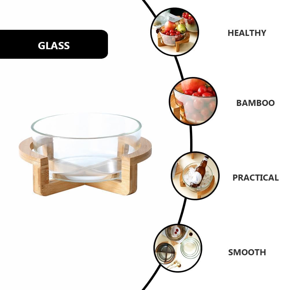 Premium Glass Fruit Bowl with Bamboo Wooden Stand | Modern Serving & Storage Bowl