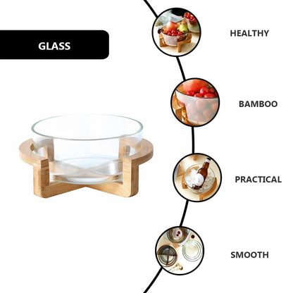 Premium Glass Fruit Bowl with Bamboo Wooden Stand | Modern Serving & Storage Bowl
