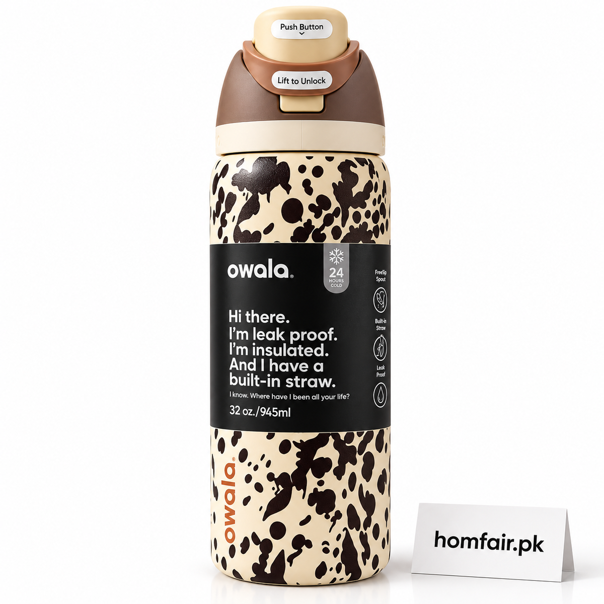Owala Cow Print Insulated Water Bottle 32oz with Built-In Straw & Leak-Proof Lid