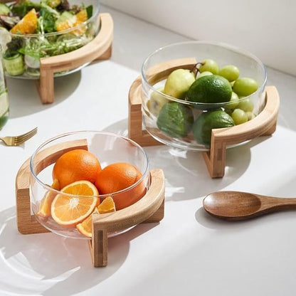 Premium Glass Fruit Bowl with Bamboo Wooden Stand | Modern Serving & Storage Bowl