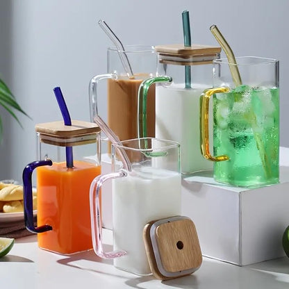 Stylish Design Coffee Glass Mug with Straw Modern Reusable Drinkware