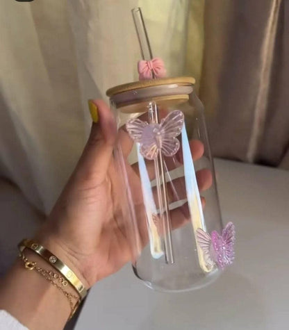 Butterfly Ice Tea Glass with Bamboo Lid & Straw