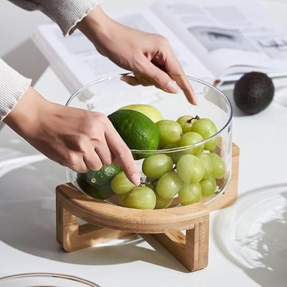 Premium Glass Fruit Bowl with Bamboo Wooden Stand | Modern Serving & Storage Bowl