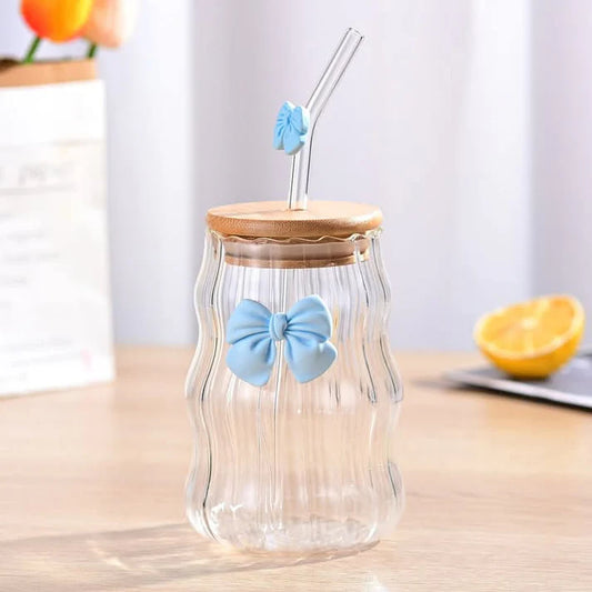 Curvy Glass Tumbler Set with Pink Bow Charms Aesthetic Iced Coffee & Juice Cups with Bamboo Lid and Glass Straw