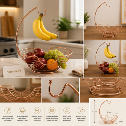 Premium Rose Gold Hanger Fruit Basket – Modern Countertop Fruit Organizer