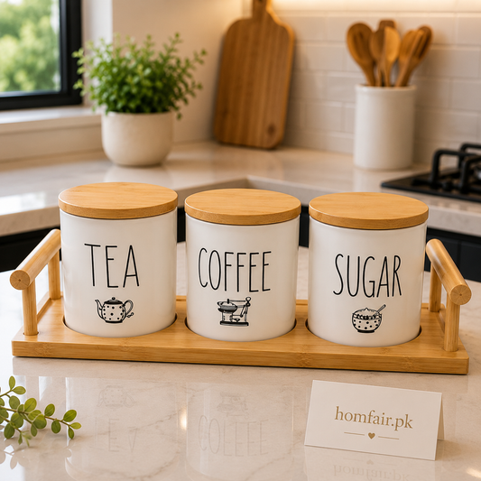 Premium Ceramic Tea, Coffee & Sugar Canister Set with Bamboo Tray