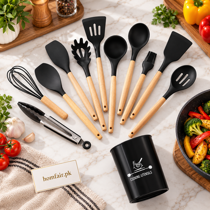 12-Piece Silicone Cooking Utensil Set with Wooden Handles for Everyday Use