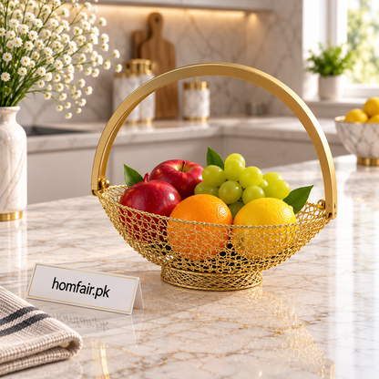 Gold Metal Mesh Decorative Basket with Curved Wooden Handle