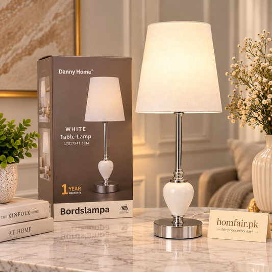 Danny Home Elegant White Table Lamp – Ceramic & Chrome Premium Lighting Accent for Home Décor
