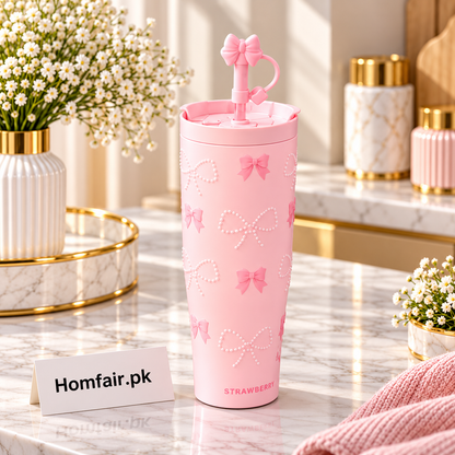 Sitarayuri Pink Bow & Pearl Design Tumbler with Decorative Straw Lid