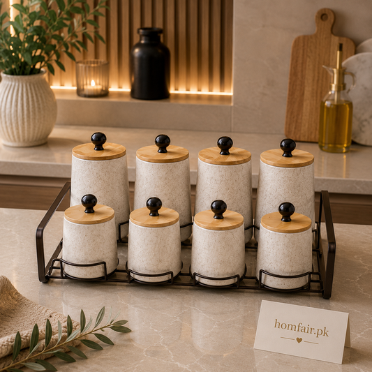Premium 8-Piece Ceramic Spice Jar Set with Bamboo Lids & Metal Rack