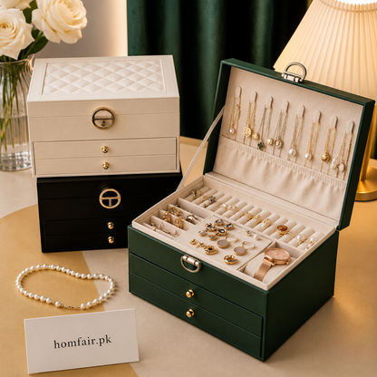 Luxury Multi-Layer Jewelry Organizer Box with Mirror & Drawers