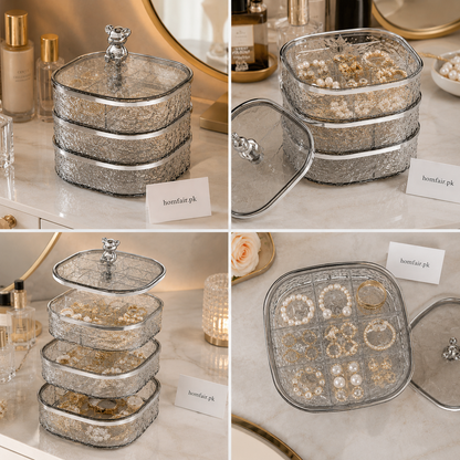 Luxury 3-Tier Glass Jewelry Organizer Box with Bear Handle