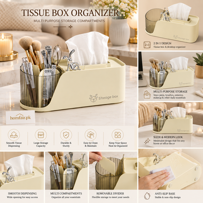 Premium Tissue Box Organizer with Pen Holder & Multi-Purpose Storage Compartments
