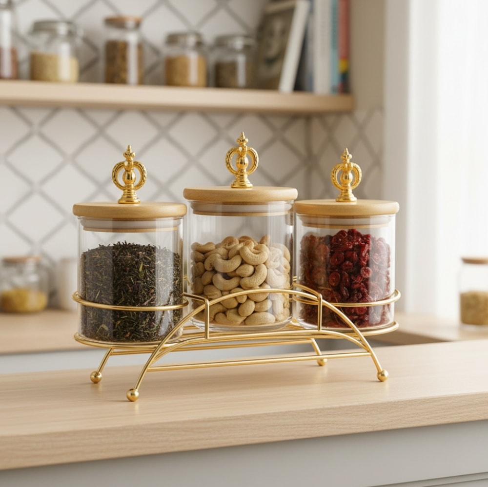 Royal Gold Glass Jar Set 3 Piece Luxury Storage Containers with Elegant Stand