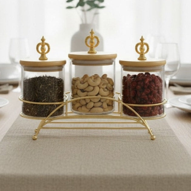 Royal Gold Glass Jar Set 3 Piece Luxury Storage Containers with Elegant Stand