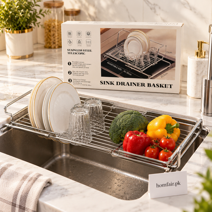 Adjustable Stainless Steel Telescopic Sink Drainer Basket 40–50cm Kitchen Sink Dish Drying Rack