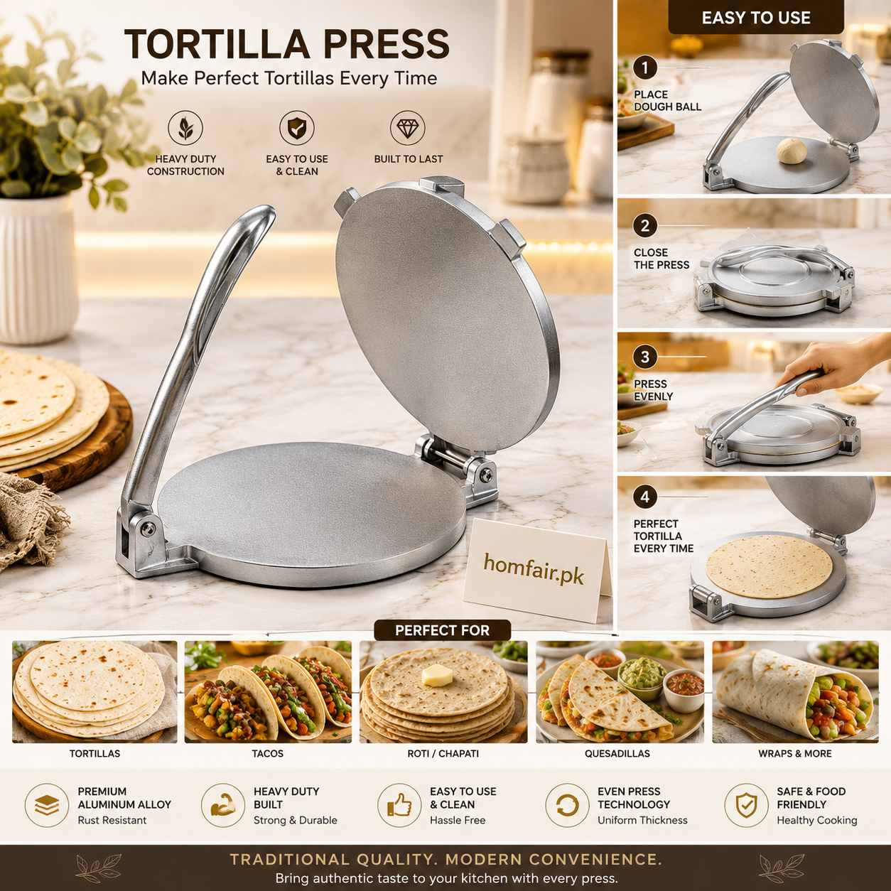 Heavy Duty Aluminum Tortilla Press – Manual Roti, Chapati & Tortilla Maker