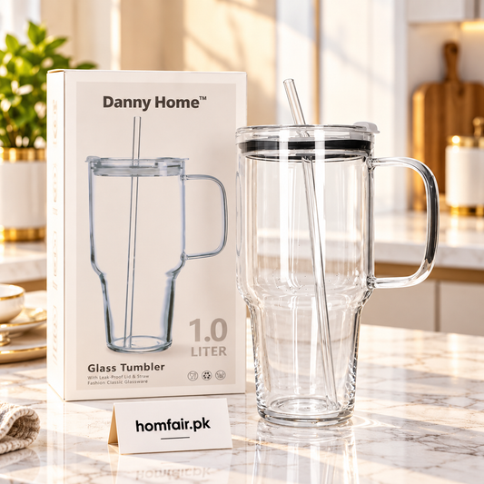 Danny Home 1L Glass Tumbler with Handle, Leak-Resistant Lid & Reusable Straw
