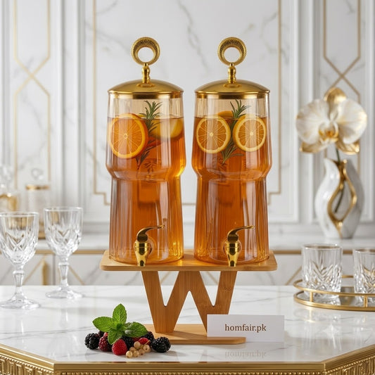 Luxury 2-Piece Ribbed Glass Juice Dispenser Set with Elegant Wooden 'W' Stand