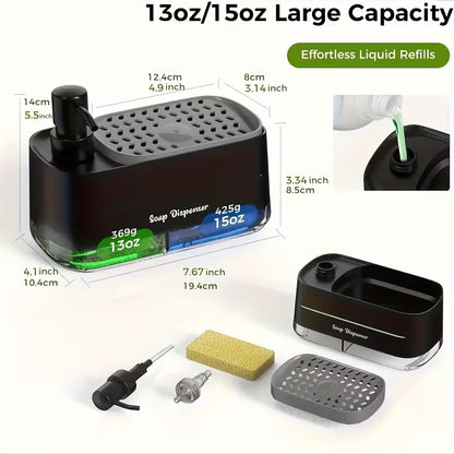 Kitchen Dishwashing Soap Dispenser With Dual Compartments and Sponge Tray