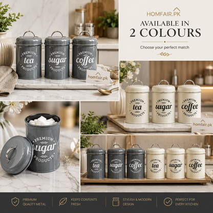 3-Piece Tea, Coffee & Sugar Storage Canister Set with Lids