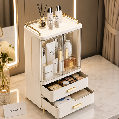 Luxury Dustproof Cosmetic Storage Organizer with Drawers & Transparent Doors
