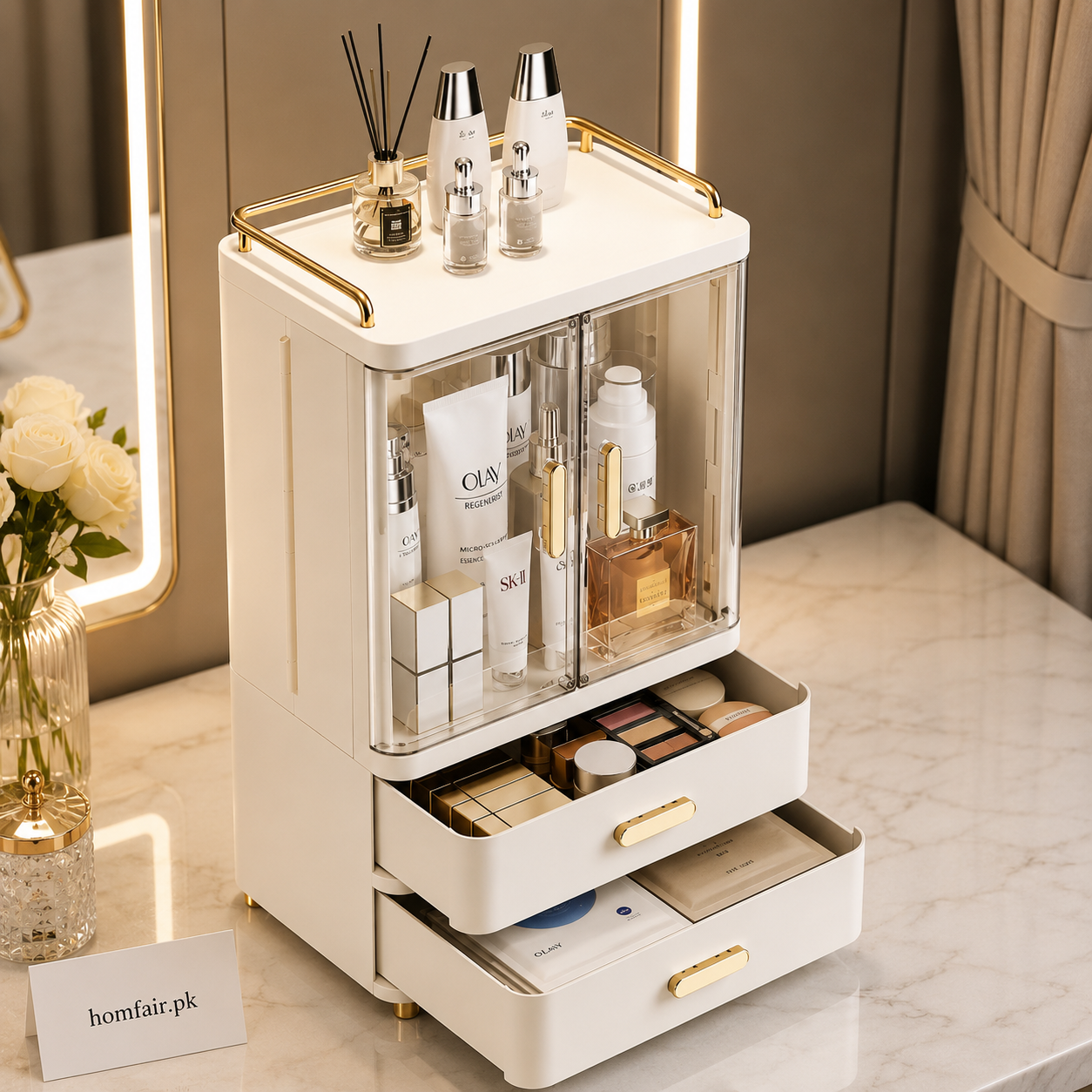 Luxury Dustproof Cosmetic Storage Organizer with Drawers & Transparent Doors