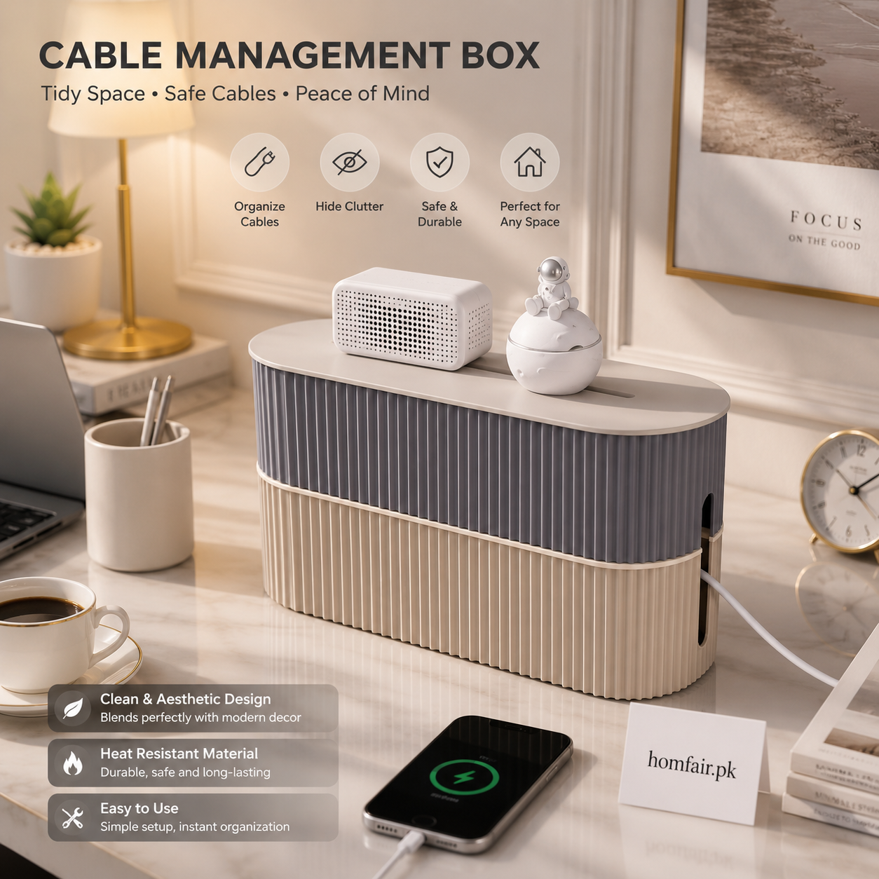 Premium Ribbed Cable Management Box & Desk Organizer – Large Size
