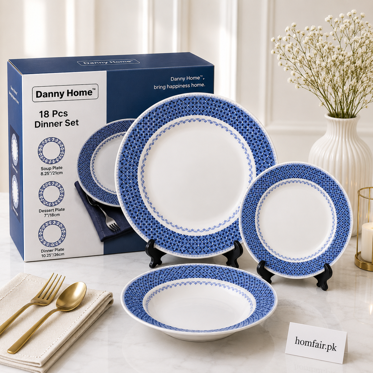 Danny Home 18 Pcs Blue Crosshatch Dinner Set