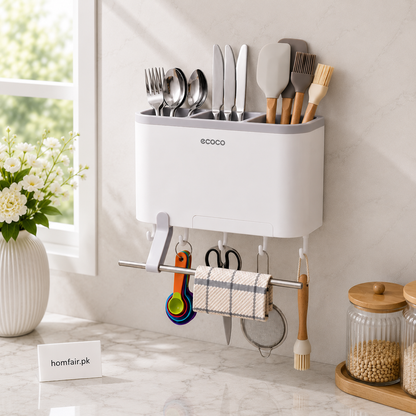 Ecoco Wall Mounted Kitchen Cutlery Holder & Utensil Organizer Multi-Compartment Storage Rack
