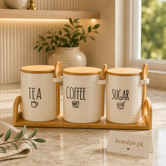 Premium Ceramic Tea, Coffee & Sugar Canister Set with Spoons & Bamboo Tray