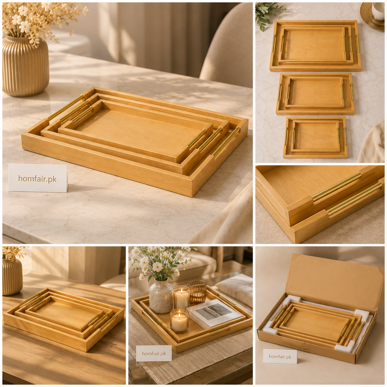 Wooden Serving Tray Set with Gold Handles – 3 Piece Nesting Decorative Trays