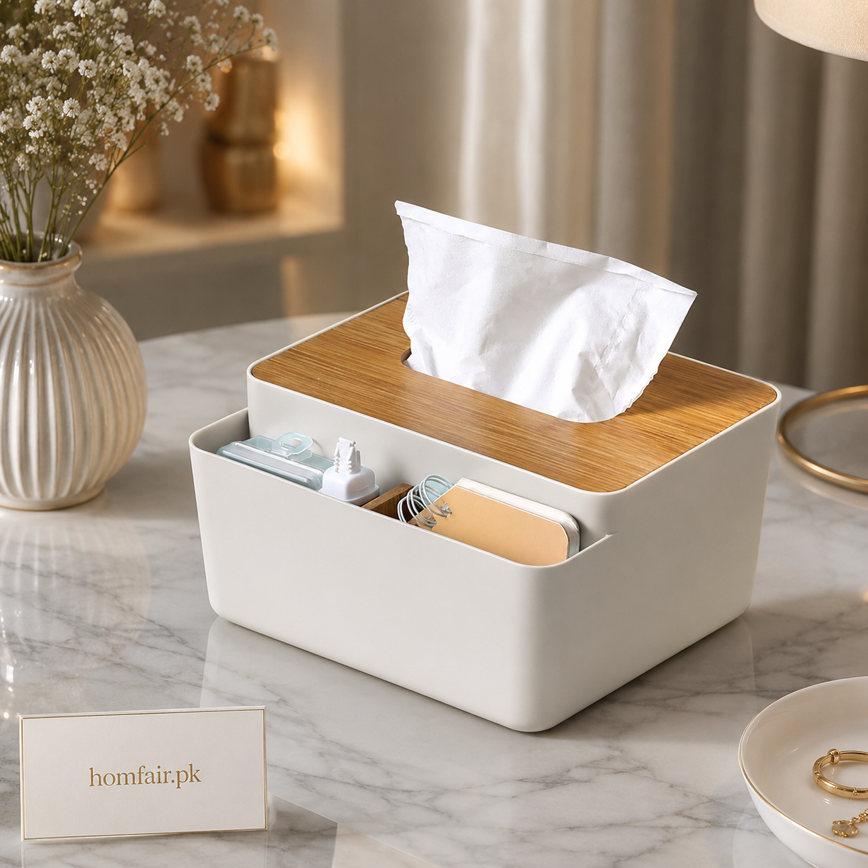Premium Tissue Box Organizer with Bamboo Lid & Storage Compartment